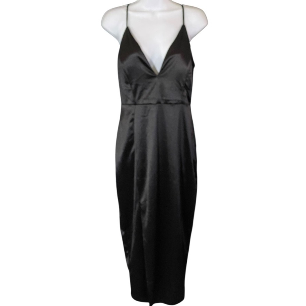 Windsor Black Satin Midi Dress Large Formal Sleek Cocktail Party HOCO Elegant
